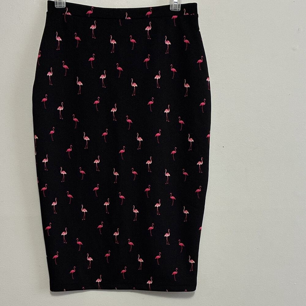 I Love Ronson Black Pink Flamingo Animal Print High Rise Stretch Knit Skirt S